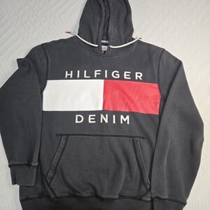 Tommy Hilfiger Denim Black Hoodie with Red and White Accents Size Large